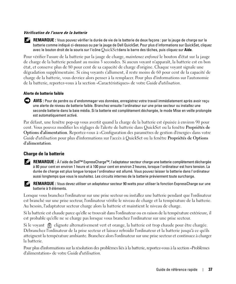 Charge de la batterie | Dell Latitude D531 (Mid 2007) User Manual | Page 37 / 94