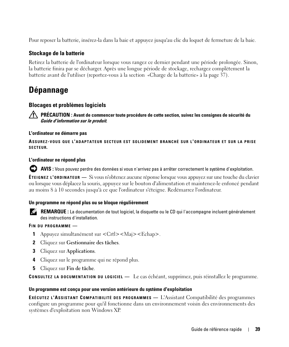 Stockage de la batterie, Dépannage, Blocages et problèmes logiciels | Dell Latitude D531 (Mid 2007) User Manual | Page 39 / 94