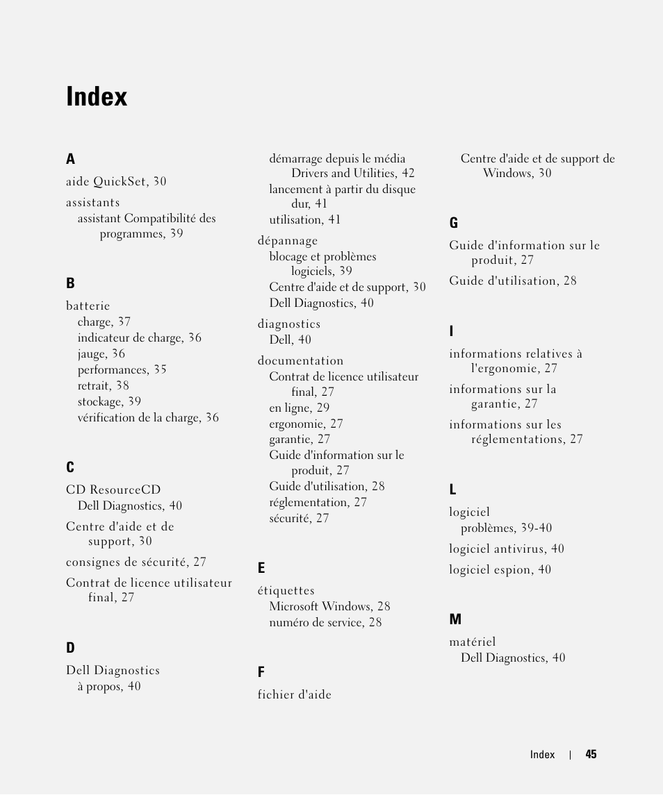 Index | Dell Latitude D531 (Mid 2007) User Manual | Page 45 / 94