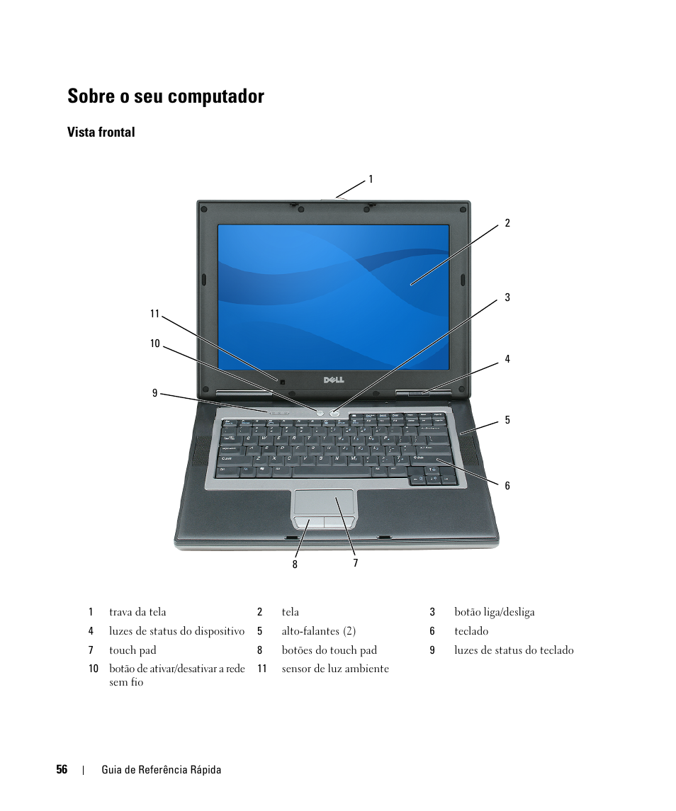 Sobre o seu computador, Vista frontal | Dell Latitude D531 (Mid 2007) User Manual | Page 56 / 94