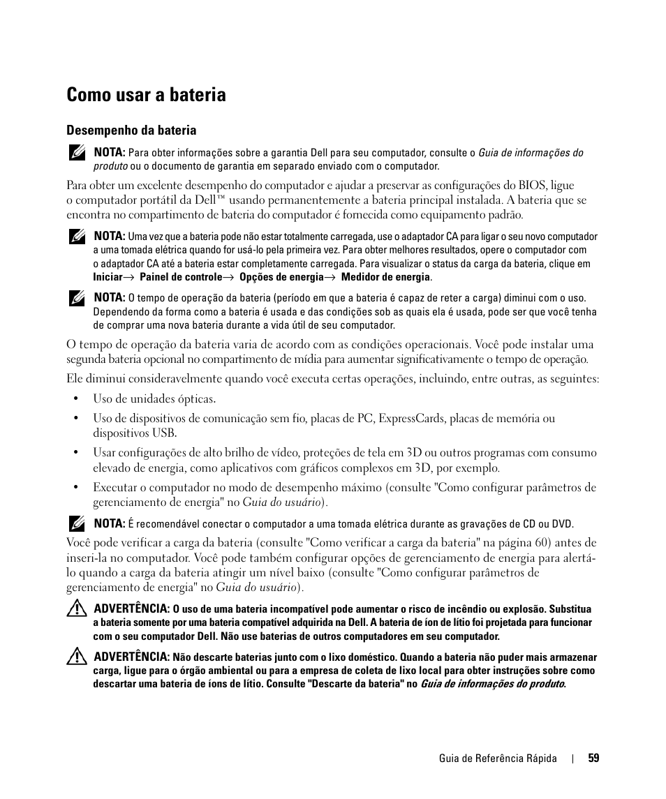 Como usar a bateria, Desempenho da bateria | Dell Latitude D531 (Mid 2007) User Manual | Page 59 / 94