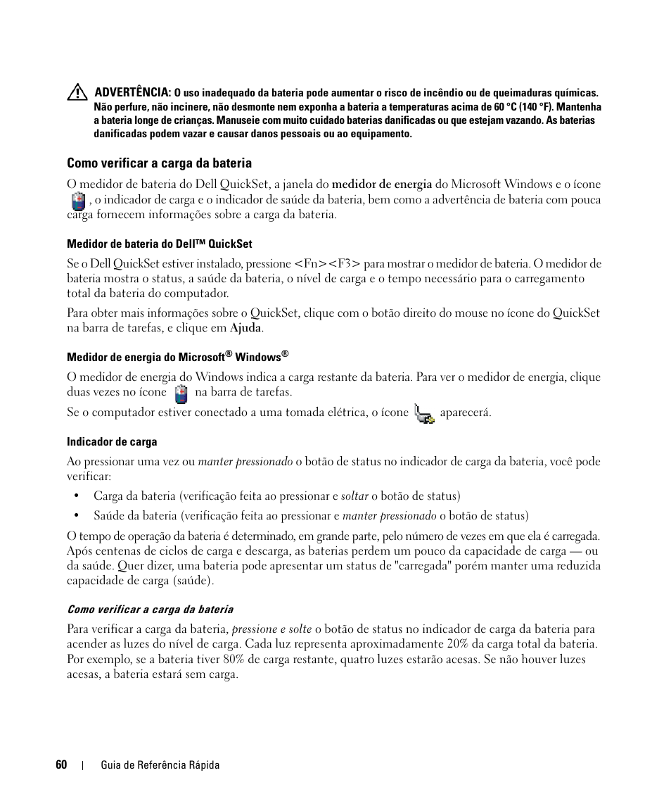 Como verificar a carga da bateria | Dell Latitude D531 (Mid 2007) User Manual | Page 60 / 94