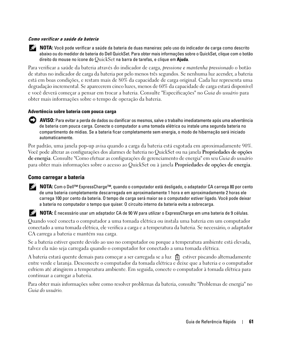 Como carregar a bateria | Dell Latitude D531 (Mid 2007) User Manual | Page 61 / 94