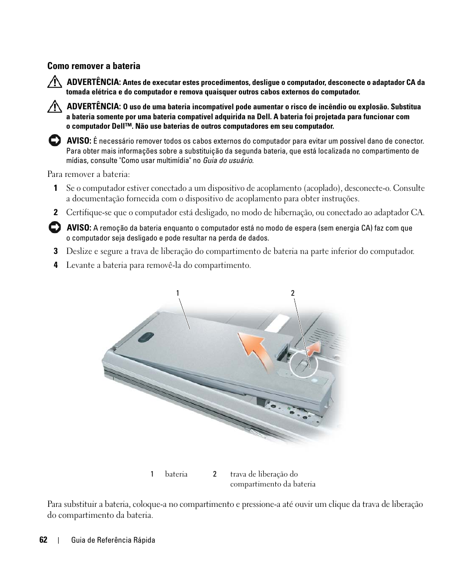 Como remover a bateria | Dell Latitude D531 (Mid 2007) User Manual | Page 62 / 94