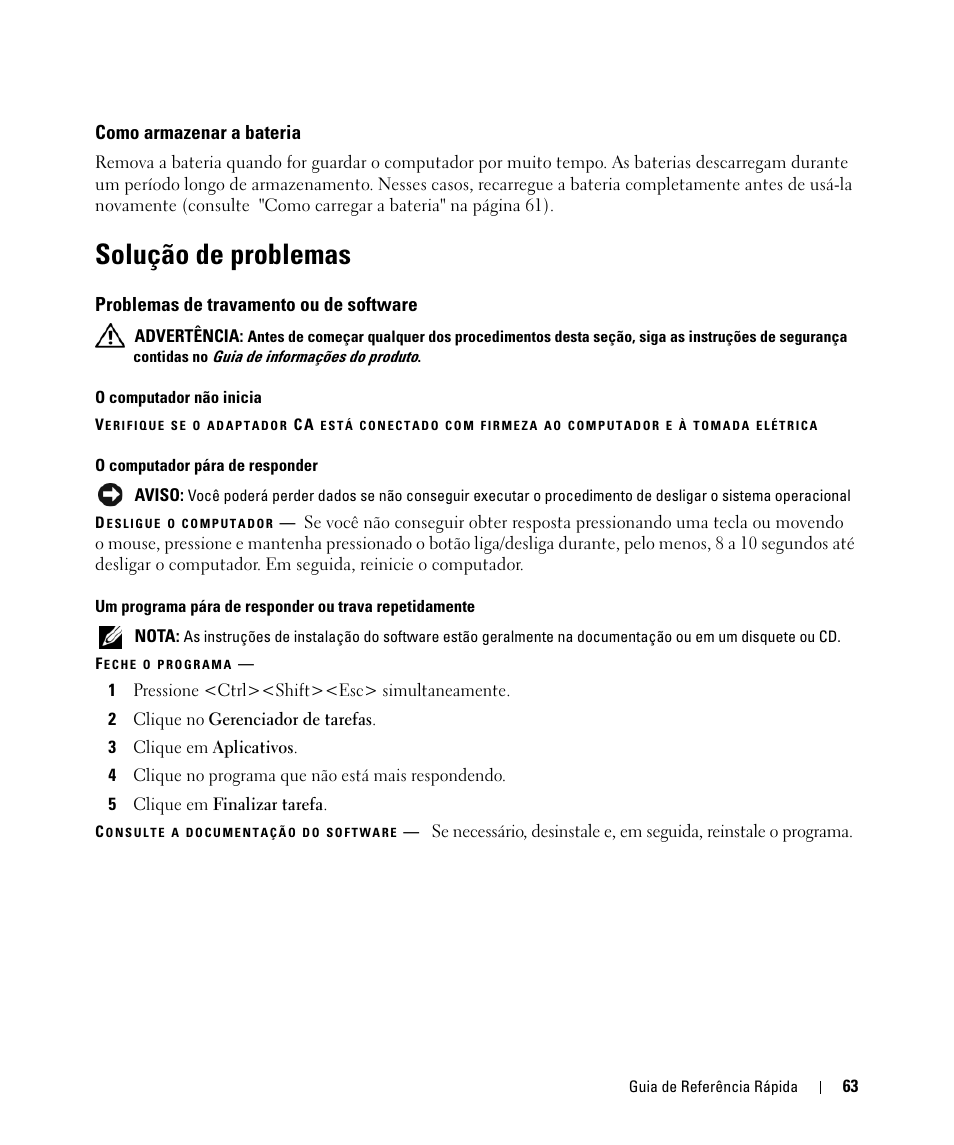 Como armazenar a bateria, Solução de problemas, Problemas de travamento ou de software | Dell Latitude D531 (Mid 2007) User Manual | Page 63 / 94