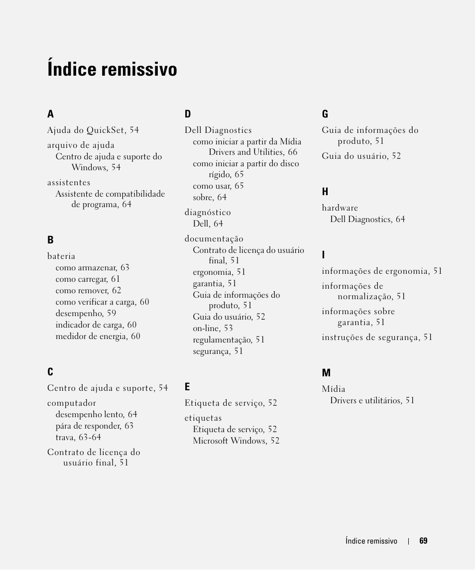 Índice remissivo | Dell Latitude D531 (Mid 2007) User Manual | Page 69 / 94