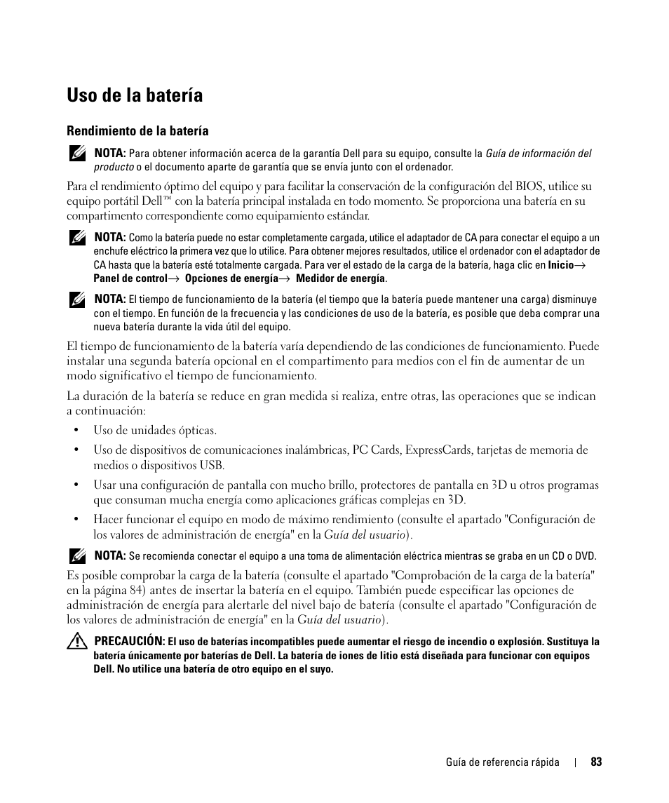 Uso de la batería, Rendimiento de la batería | Dell Latitude D531 (Mid 2007) User Manual | Page 83 / 94