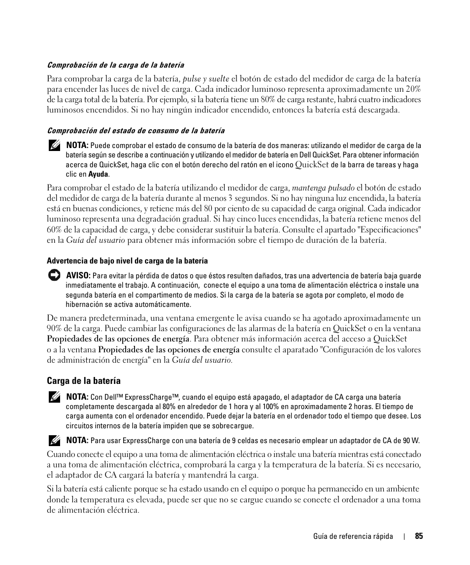Carga de la batería | Dell Latitude D531 (Mid 2007) User Manual | Page 85 / 94