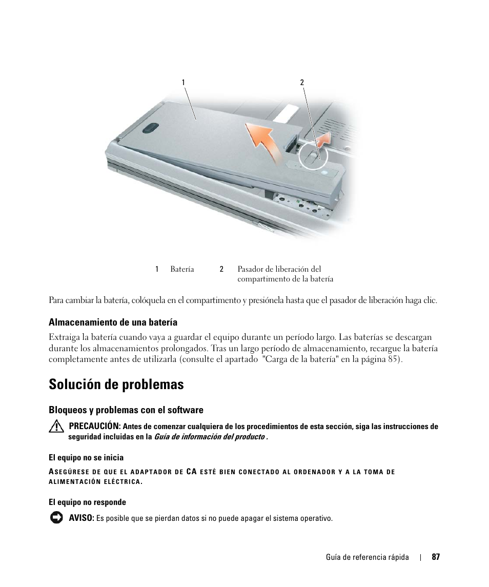 Almacenamiento de una batería, Solución de problemas, Bloqueos y problemas con el software | Dell Latitude D531 (Mid 2007) User Manual | Page 87 / 94
