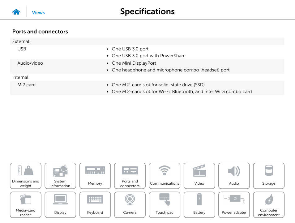 Ports and, Connectors, Specifications | Ports and connectors | Dell XPS 13 (9343, Early 2015) User Manual | Page 10 / 23