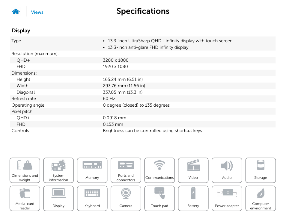 Display, Specifications | Dell XPS 13 (9343, Early 2015) User Manual | Page 16 / 23