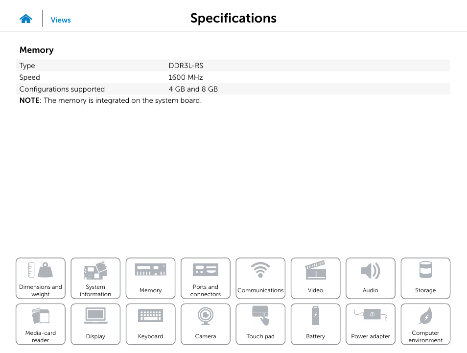 Memory, Specifications | Dell XPS 13 (9343, Early 2015) User Manual | Page 9 / 23