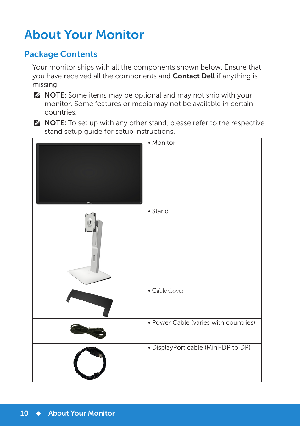 About your monitor, Package contents | Dell P2815Q Monitor User Manual | Page 10 / 78