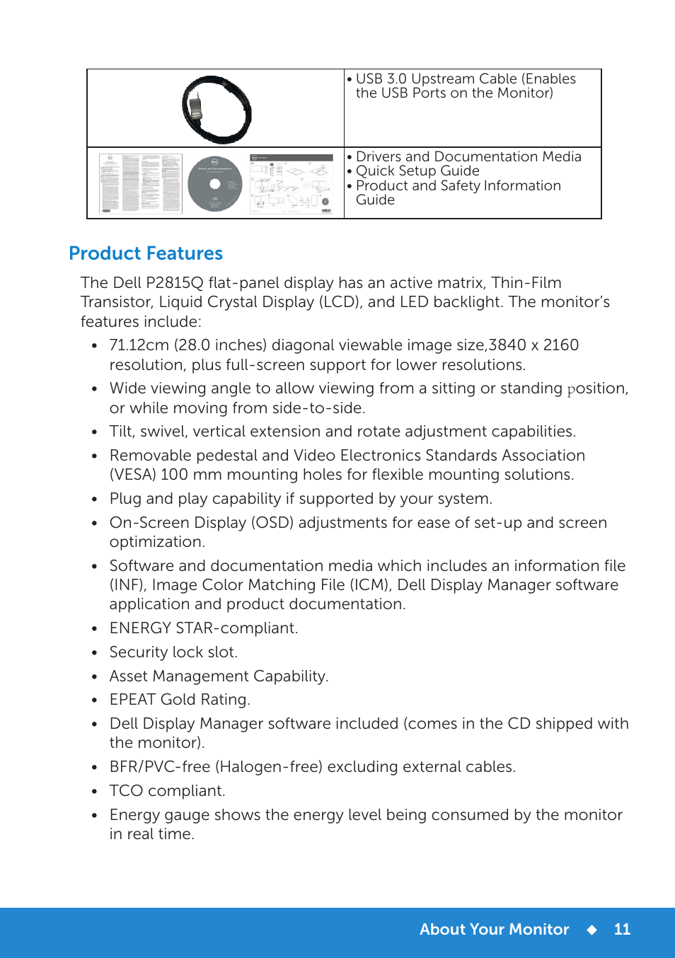 Product features | Dell P2815Q Monitor User Manual | Page 11 / 78