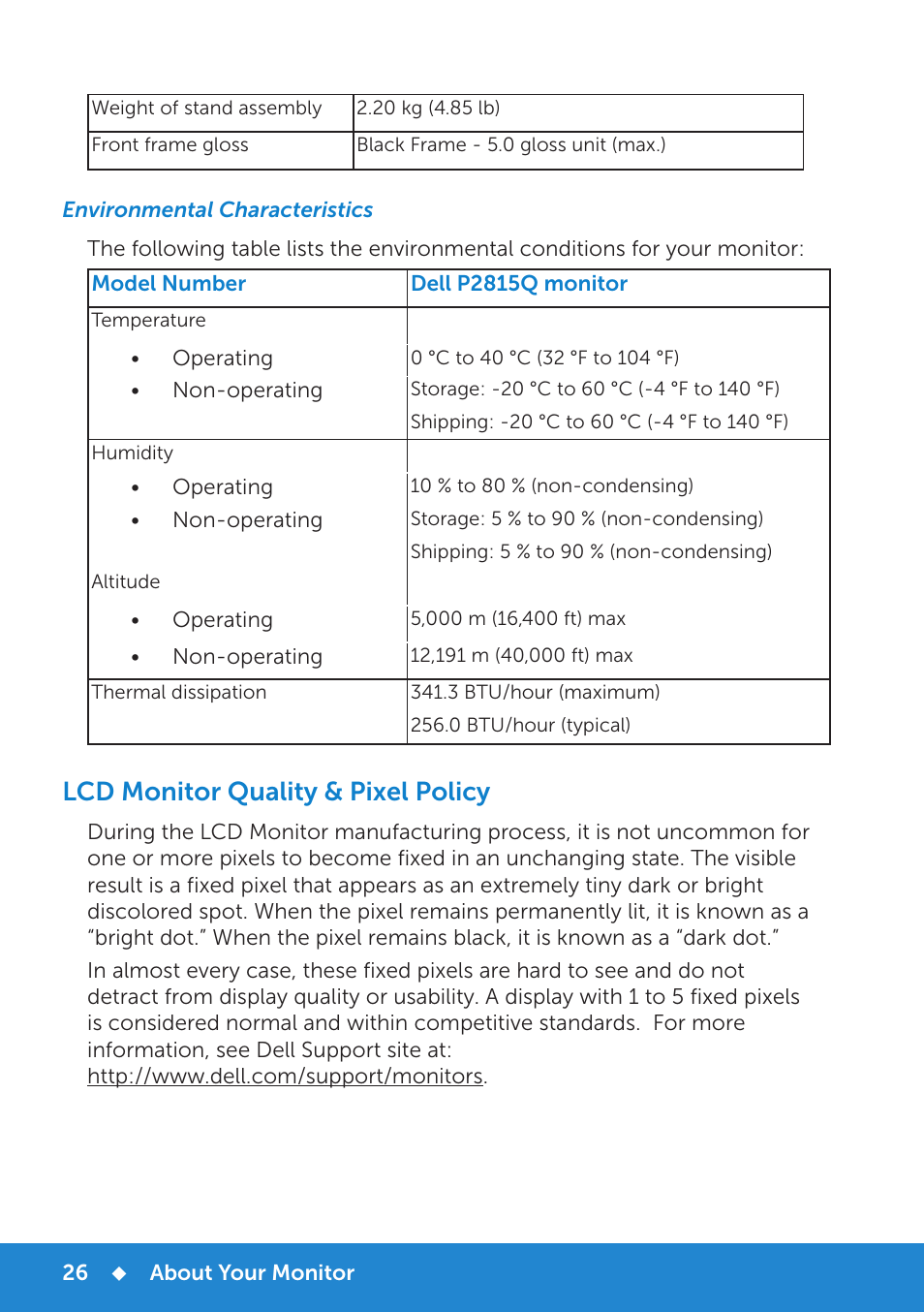 Environmental characteristics, Lcd monitor quality & pixel policy, Maintenance guidelines | Dell P2815Q Monitor User Manual | Page 26 / 78