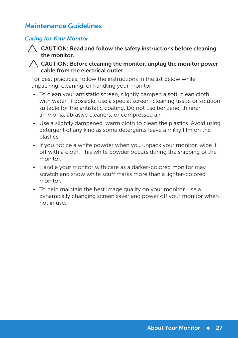 Caring for your monitor, Maintenance guidelines | Dell P2815Q Monitor User Manual | Page 27 / 78