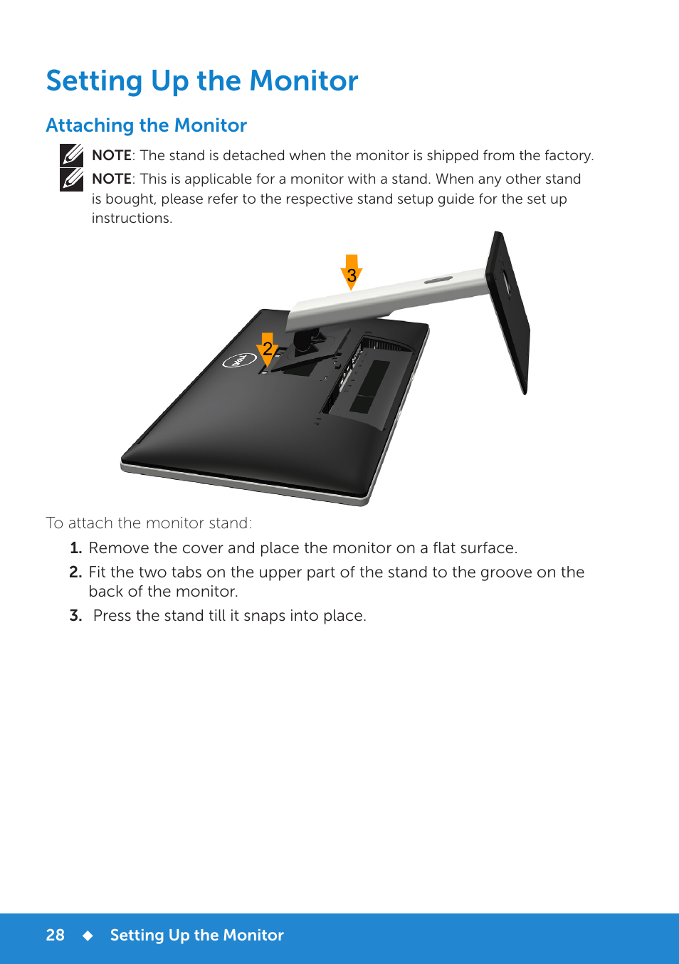 Setting up the monitor, Attaching the monitor | Dell P2815Q Monitor User Manual | Page 28 / 78