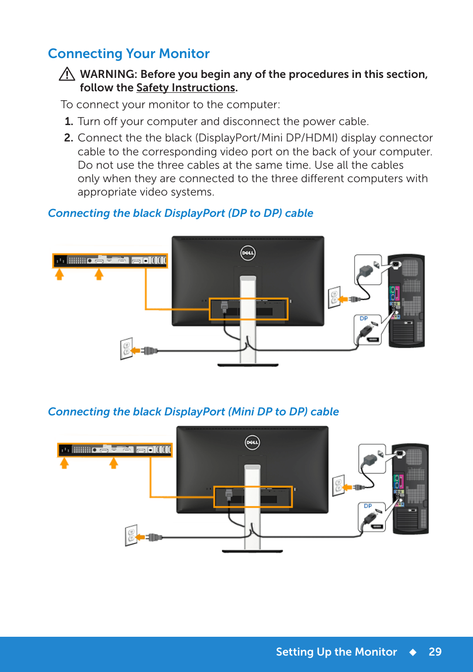 Connecting your monitor, Connecting the black displayport (dp to dp) cable | Dell P2815Q Monitor User Manual | Page 29 / 78