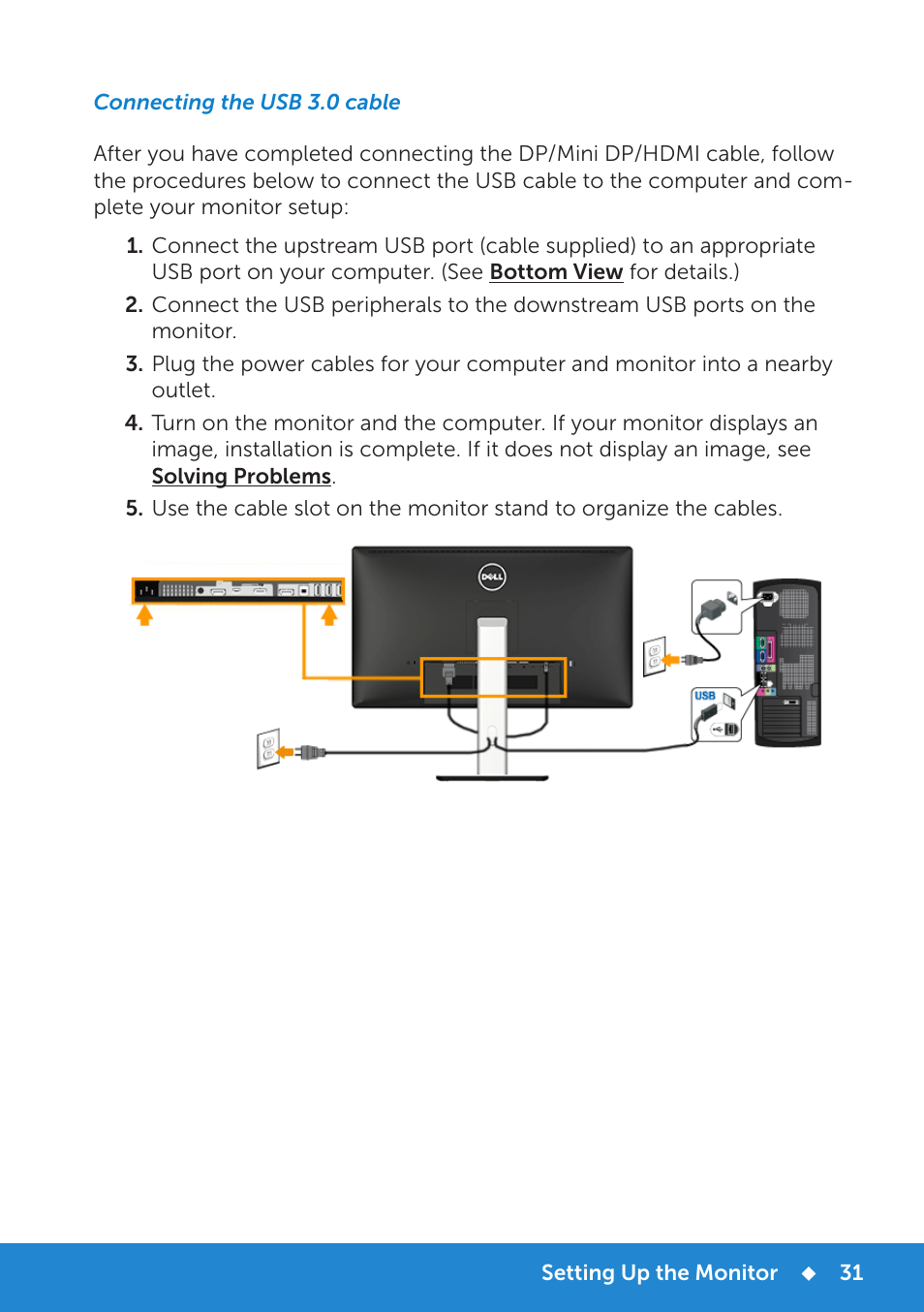 Connecting the usb 3.0 cable | Dell P2815Q Monitor User Manual | Page 31 / 78