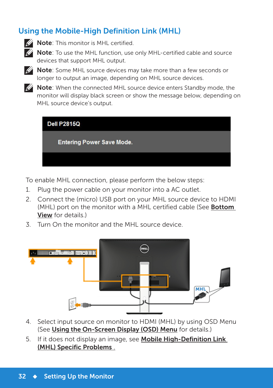 Using the mobile-high definition link, Using the mobile-high definition link (mhl) | Dell P2815Q Monitor User Manual | Page 32 / 78