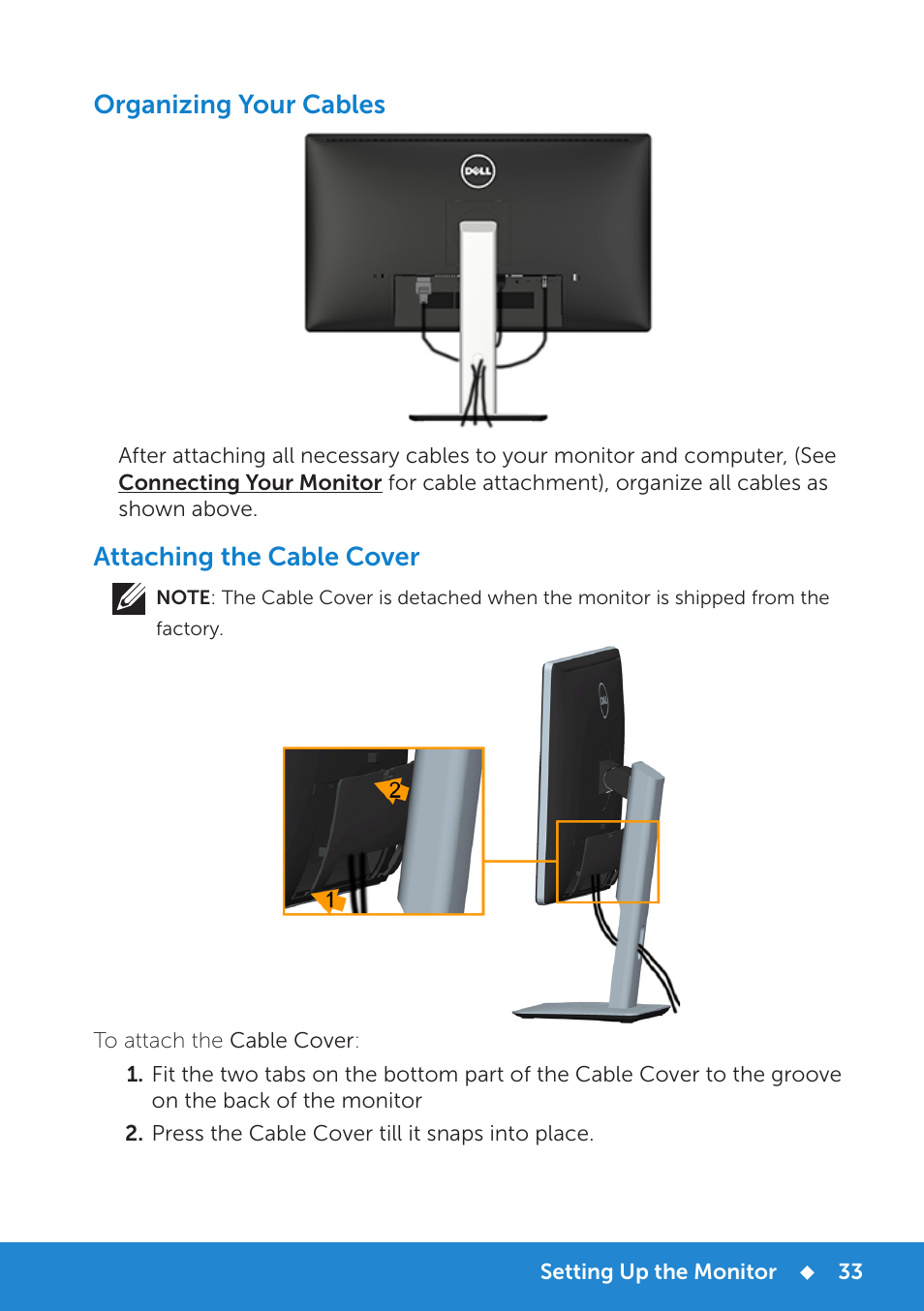 Organizing your cables, Attaching the cable cover | Dell P2815Q Monitor User Manual | Page 33 / 78