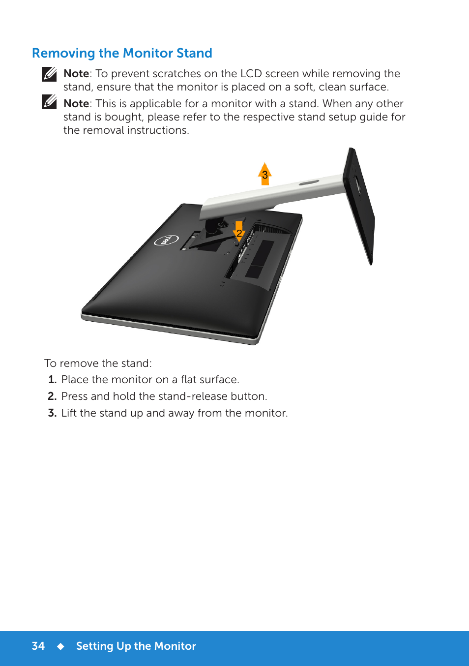 Removing the monitor stand | Dell P2815Q Monitor User Manual | Page 34 / 78