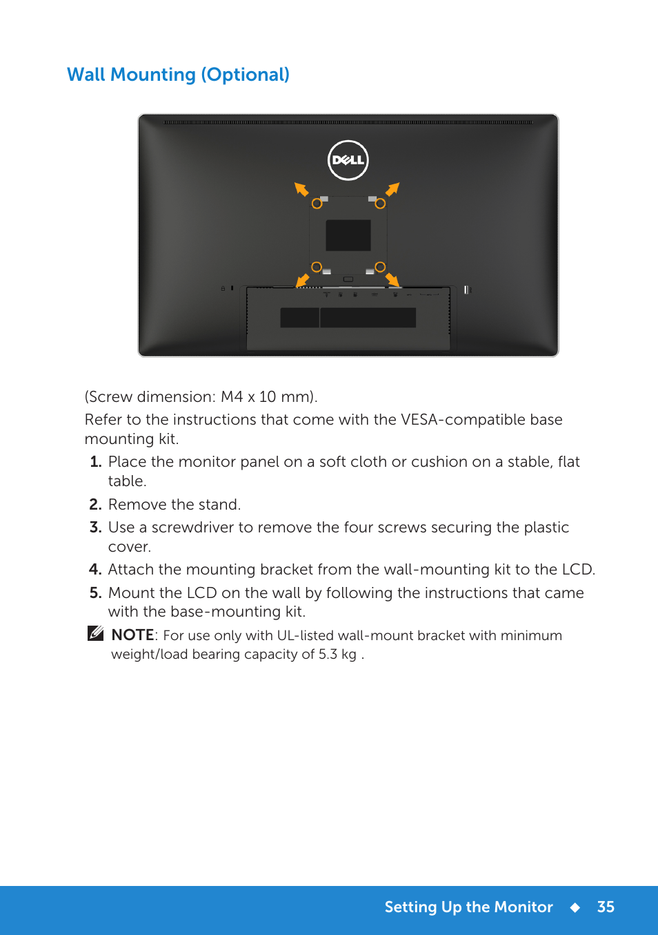 Wall mounting (optional) | Dell P2815Q Monitor User Manual | Page 35 / 78