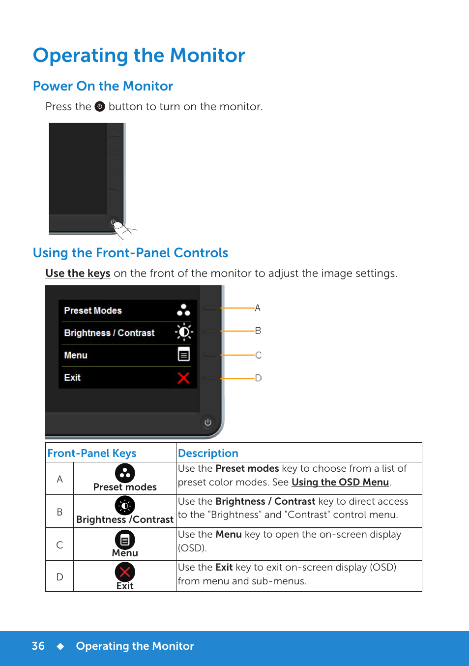 Operating the monitor, The monitor, Using the front-panel controls | Power on the monitor | Dell P2815Q Monitor User Manual | Page 36 / 78
