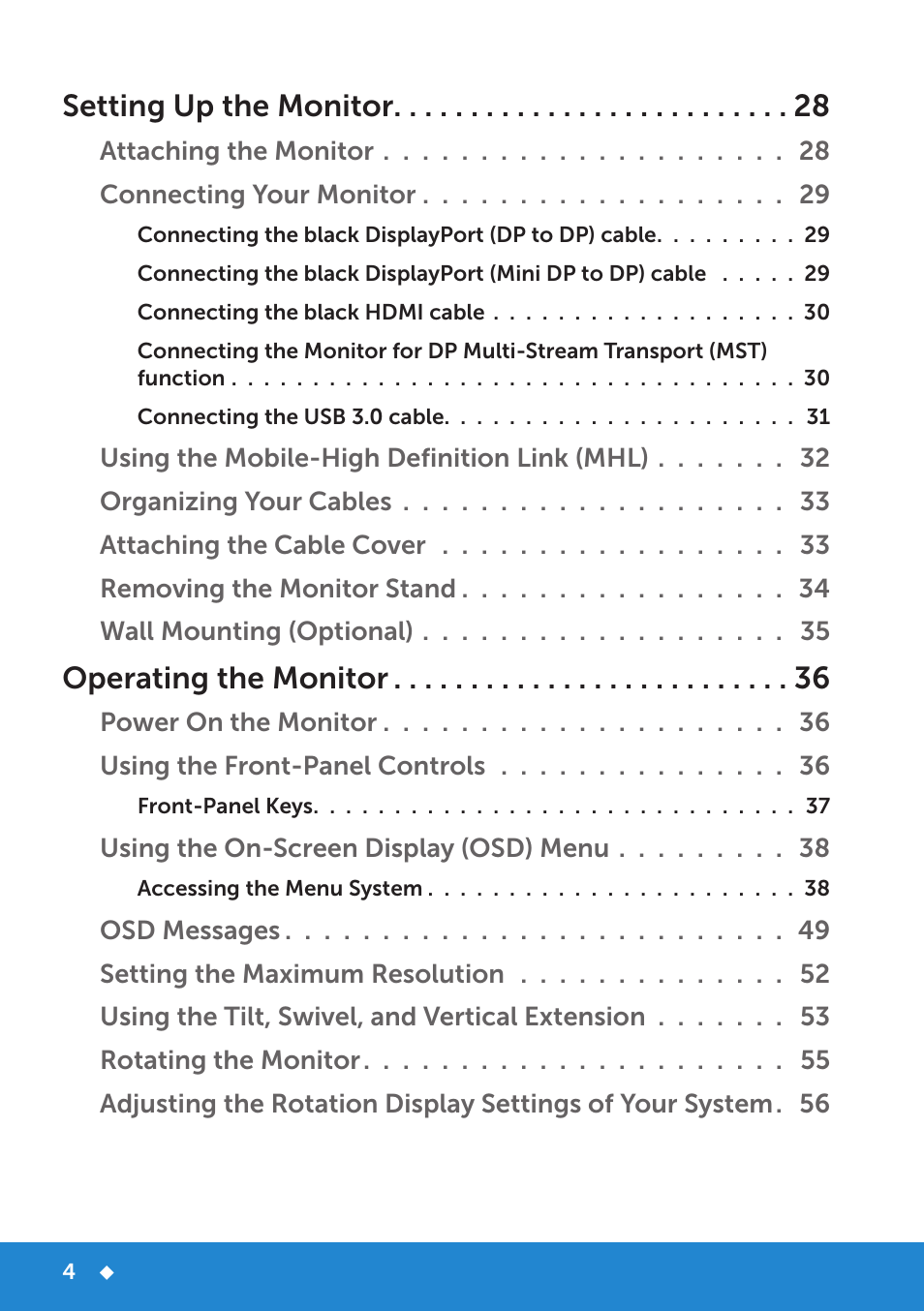 Setting up the monitor, Operating the monitor | Dell P2815Q Monitor User Manual | Page 4 / 78