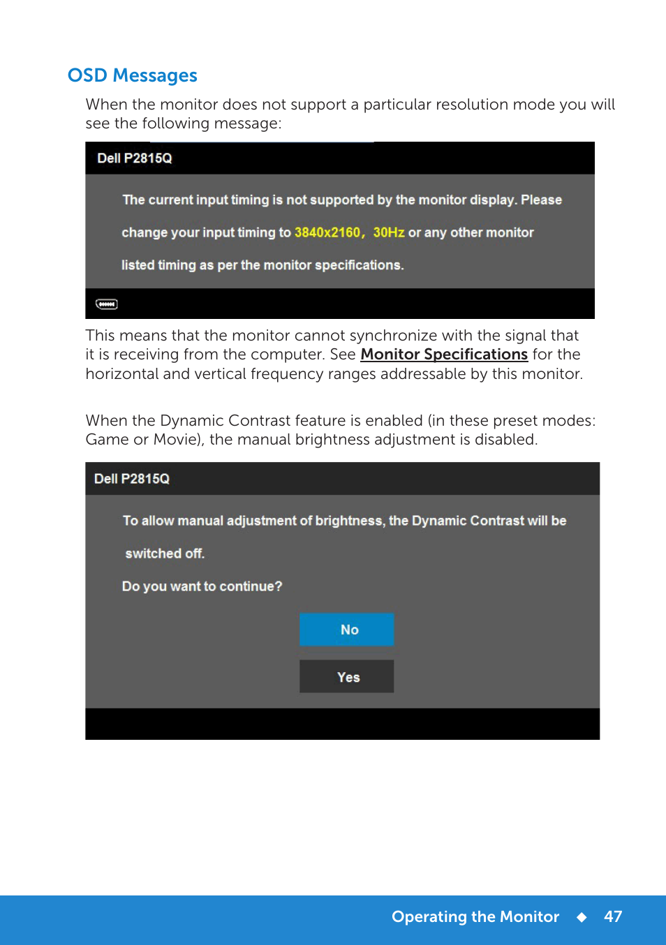 Osd messages | Dell P2815Q Monitor User Manual | Page 47 / 78