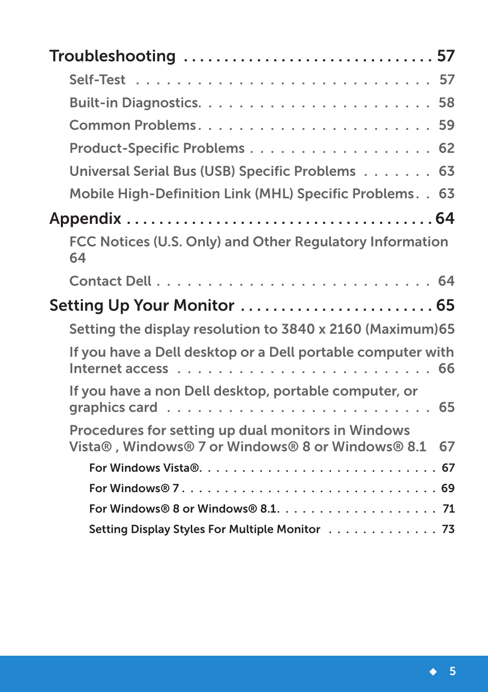 Troubleshooting, Appendix, Setting up your monitor | Dell P2815Q Monitor User Manual | Page 5 / 78