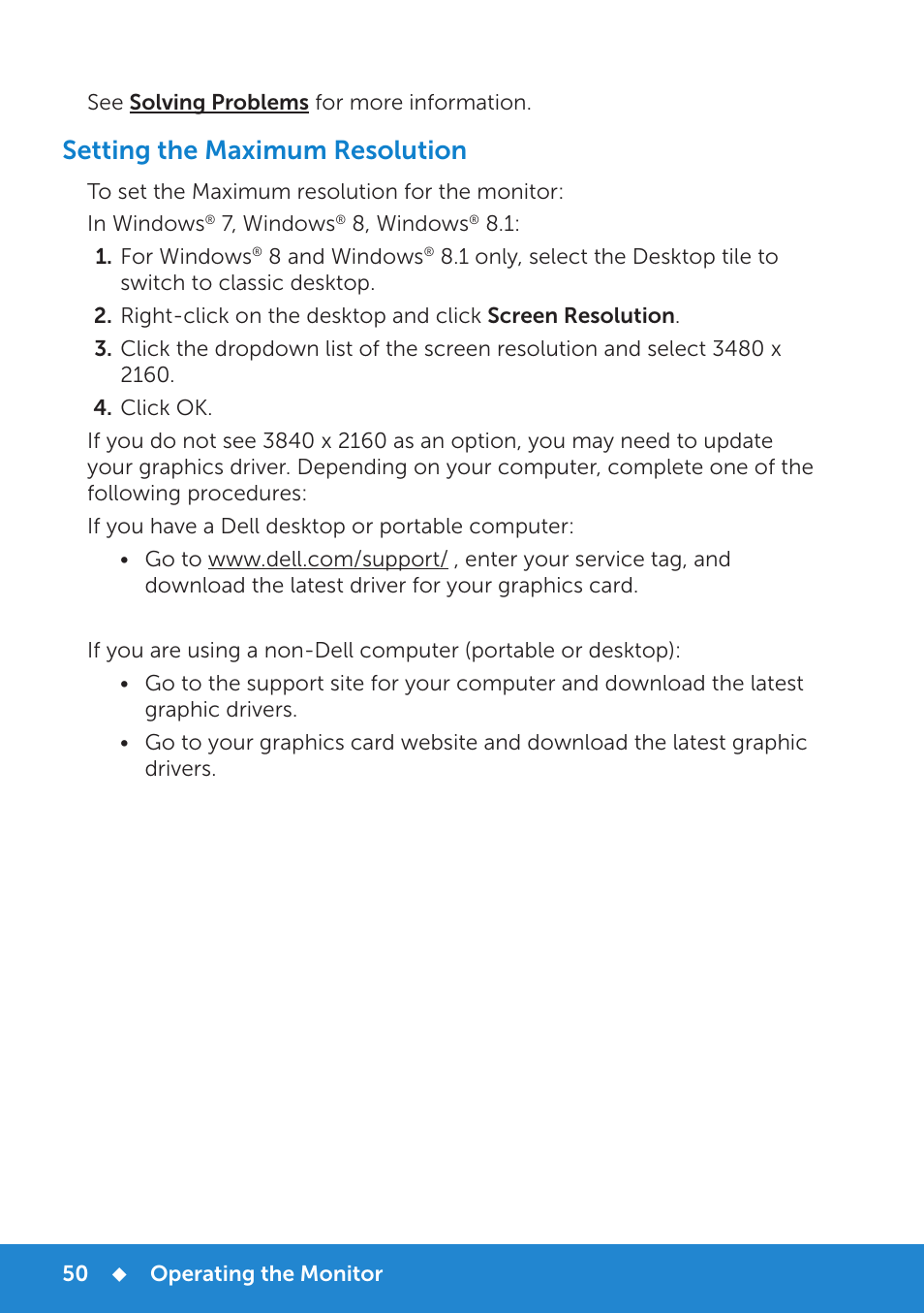 Setting the maximum resolution | Dell P2815Q Monitor User Manual | Page 50 / 78