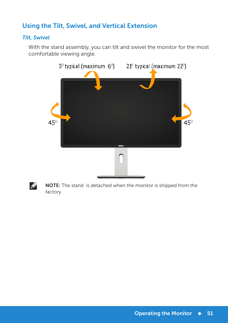 Using the tilt, swivel, and vertical extension | Dell P2815Q Monitor User Manual | Page 51 / 78