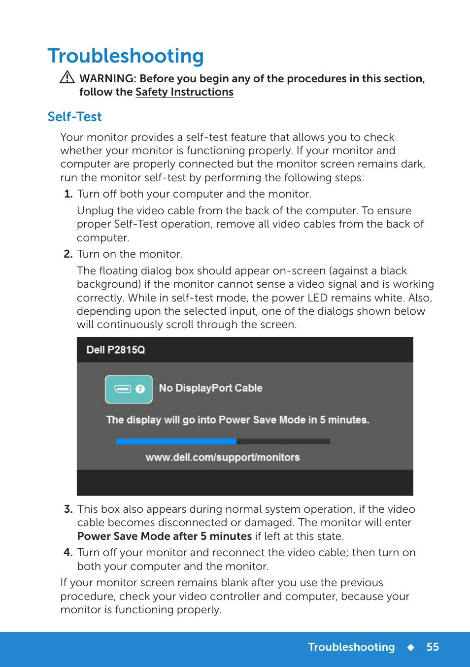 Troubleshooting, Self-test | Dell P2815Q Monitor User Manual | Page 55 / 78