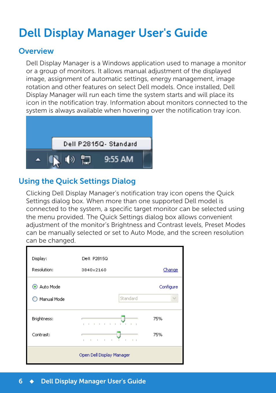 Dell display manager user's guide, Overview using the quick settings dialog | Dell P2815Q Monitor User Manual | Page 6 / 78