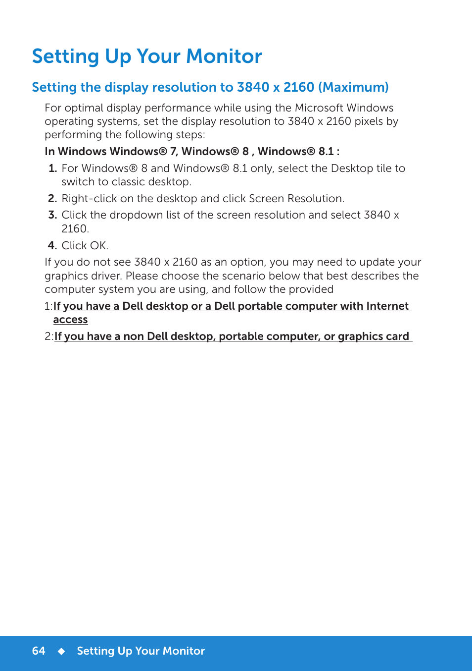 Setting up your monitor | Dell P2815Q Monitor User Manual | Page 64 / 78