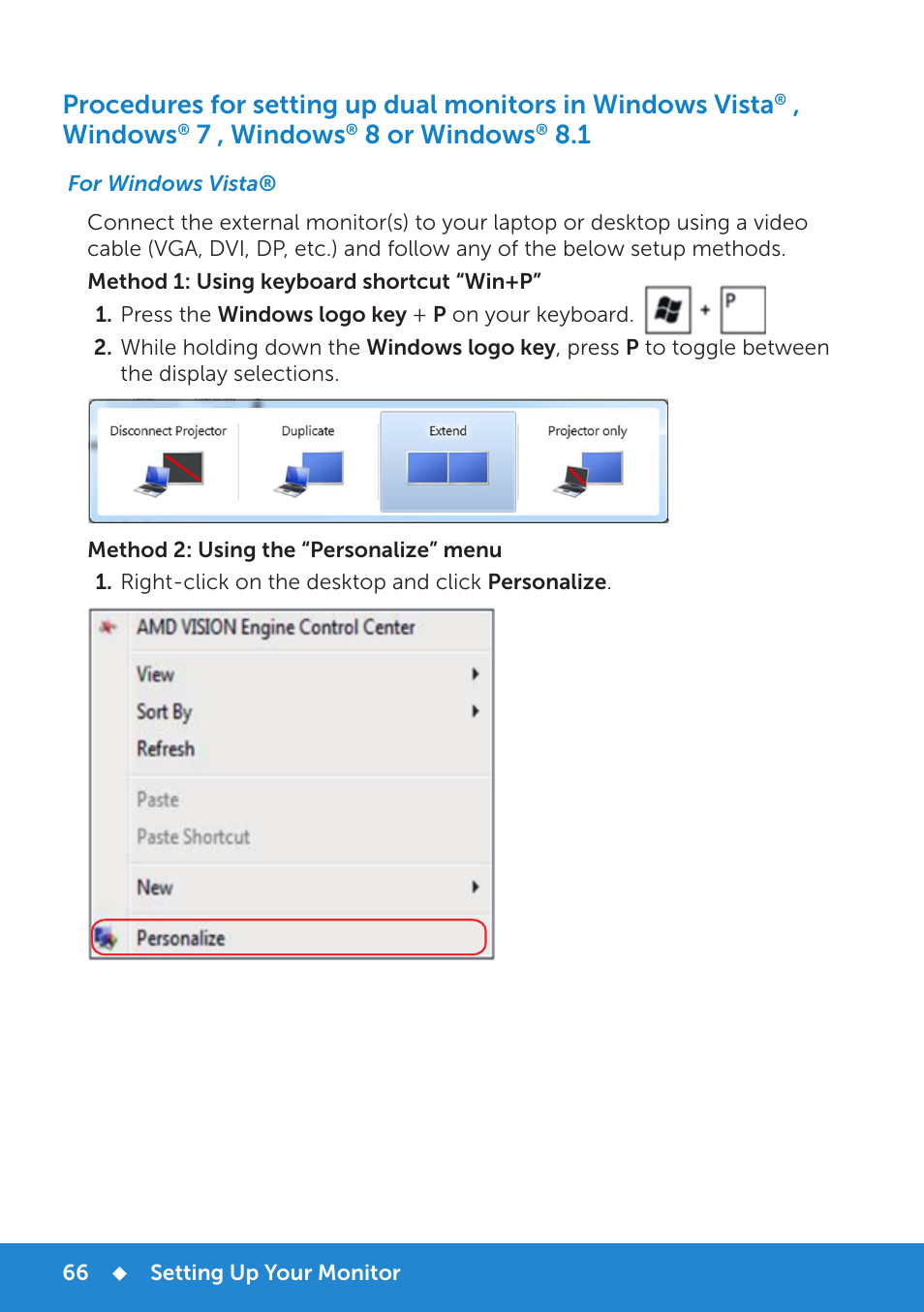For windows vista, Windows, 7 , windows | 8 or windows | Dell P2815Q Monitor User Manual | Page 66 / 78