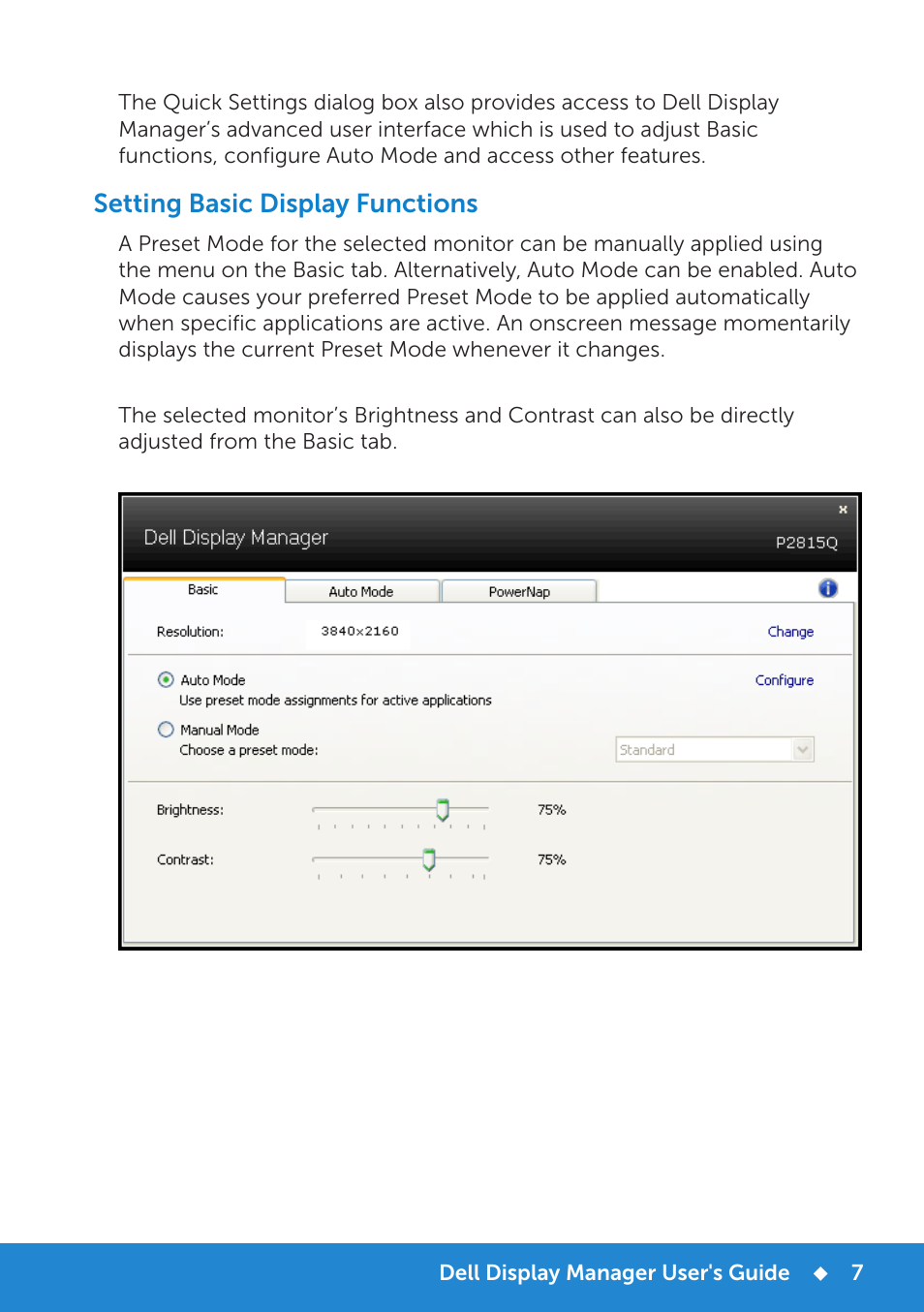 Setting basic display functions | Dell P2815Q Monitor User Manual | Page 7 / 78