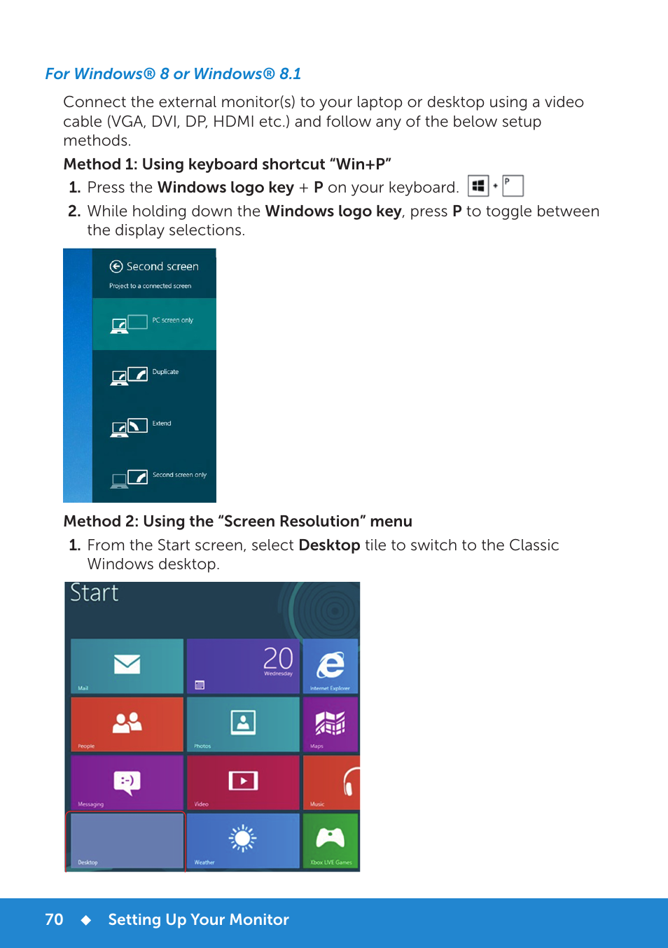 For windows® 8 or windows® 8.1 | Dell P2815Q Monitor User Manual | Page 70 / 78