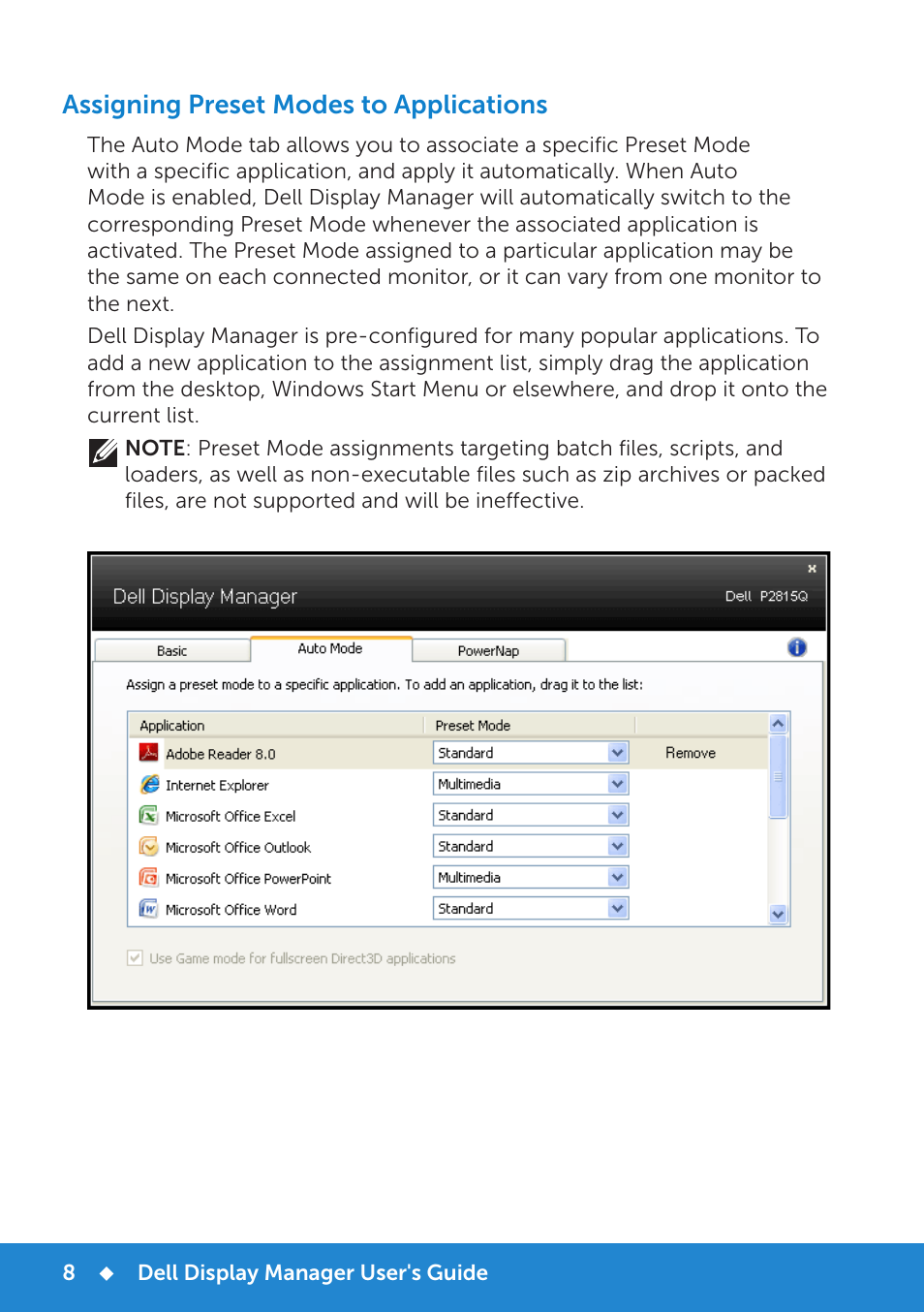 Assigning preset modes to applications | Dell P2815Q Monitor User Manual | Page 8 / 78