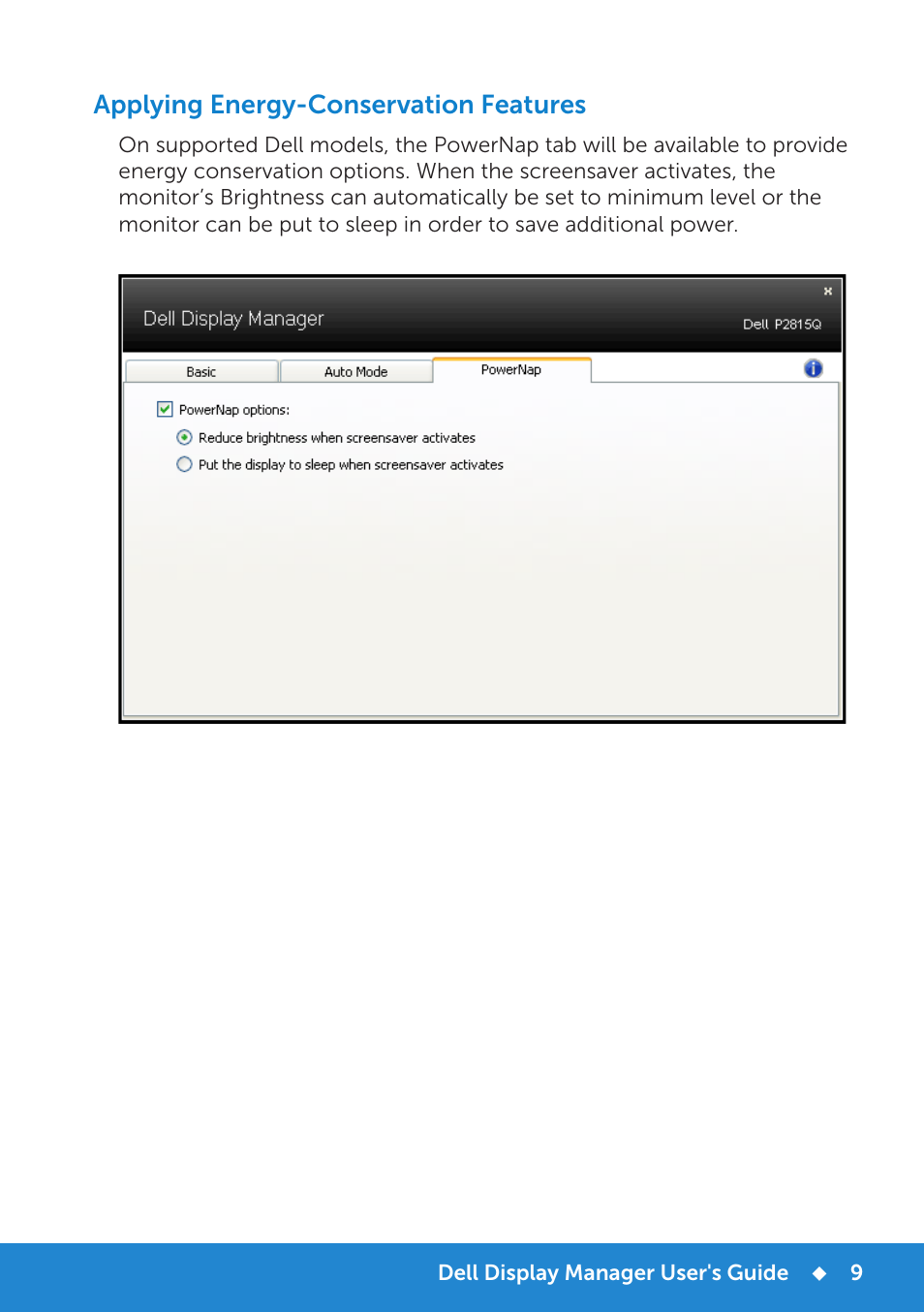 Applying energy-conservation features | Dell P2815Q Monitor User Manual | Page 9 / 78