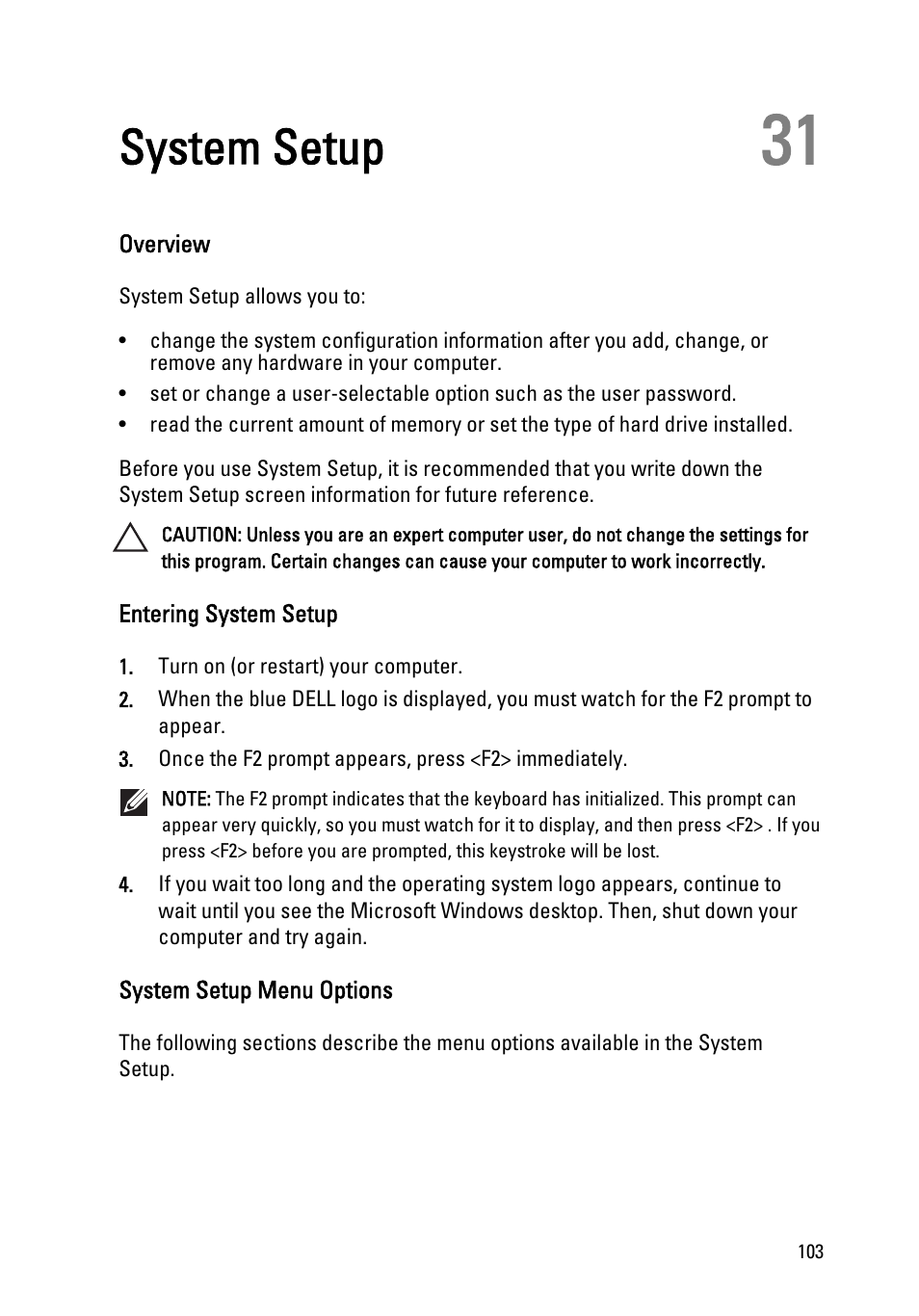 System setup, Overview, Entering system setup | System setup menu options, 31 system setup | Dell Latitude E6320 (Early 2011) User Manual | Page 103 / 117