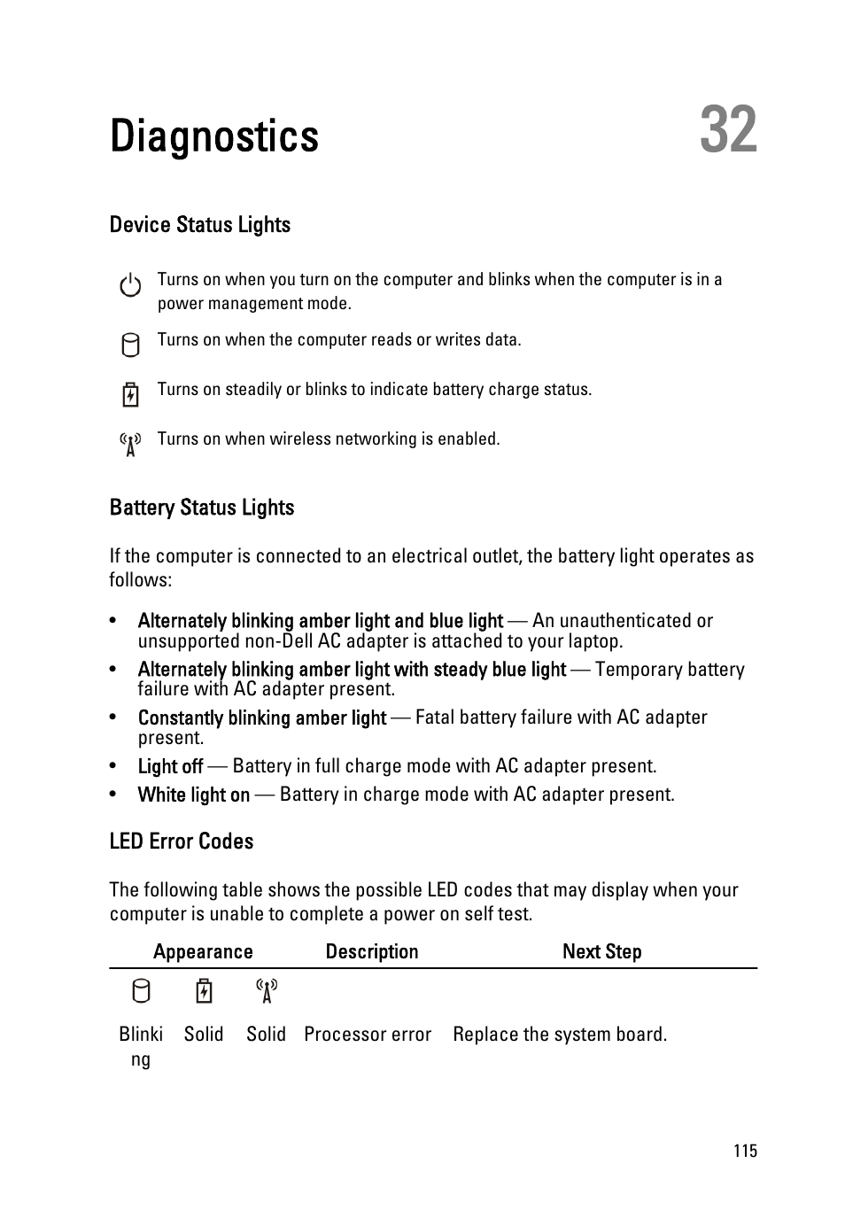 Diagnostics, Device status lights, Battery status lights | Led error codes, 32 diagnostics | Dell Latitude E6320 (Early 2011) User Manual | Page 115 / 117