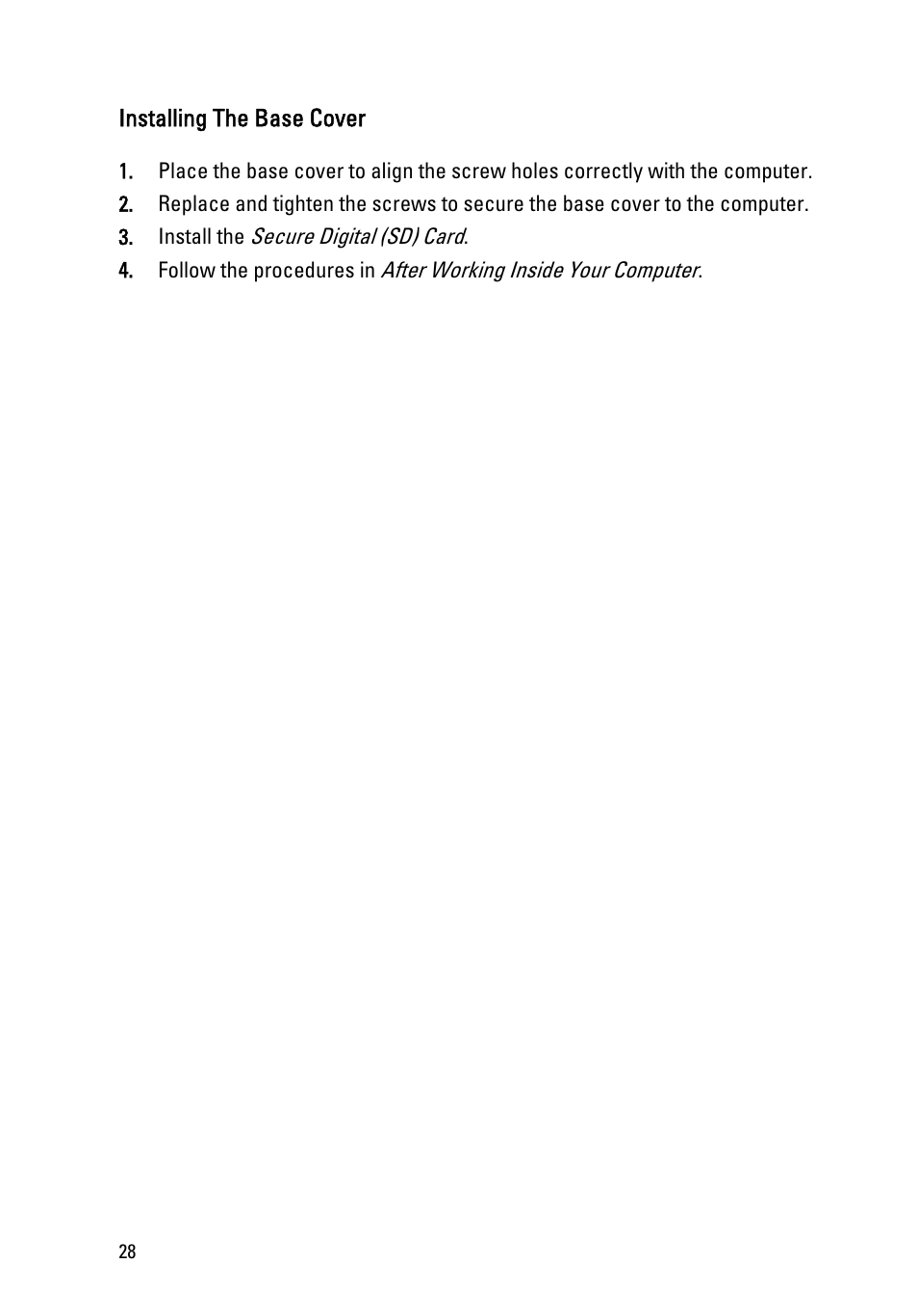 Installing the base cover | Dell Latitude E6320 (Early 2011) User Manual | Page 28 / 117
