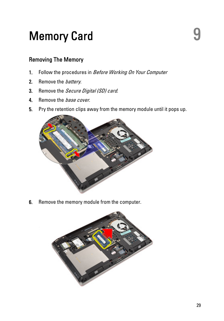 Memory card, Removing the memory, 9 memory card | Dell Latitude E6320 (Early 2011) User Manual | Page 29 / 117
