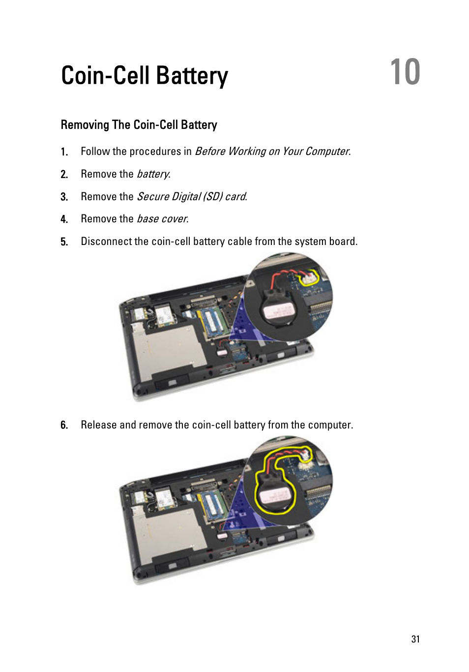 Coin-cell battery, Removing the coin-cell battery, 10 coin-cell battery | Dell Latitude E6320 (Early 2011) User Manual | Page 31 / 117