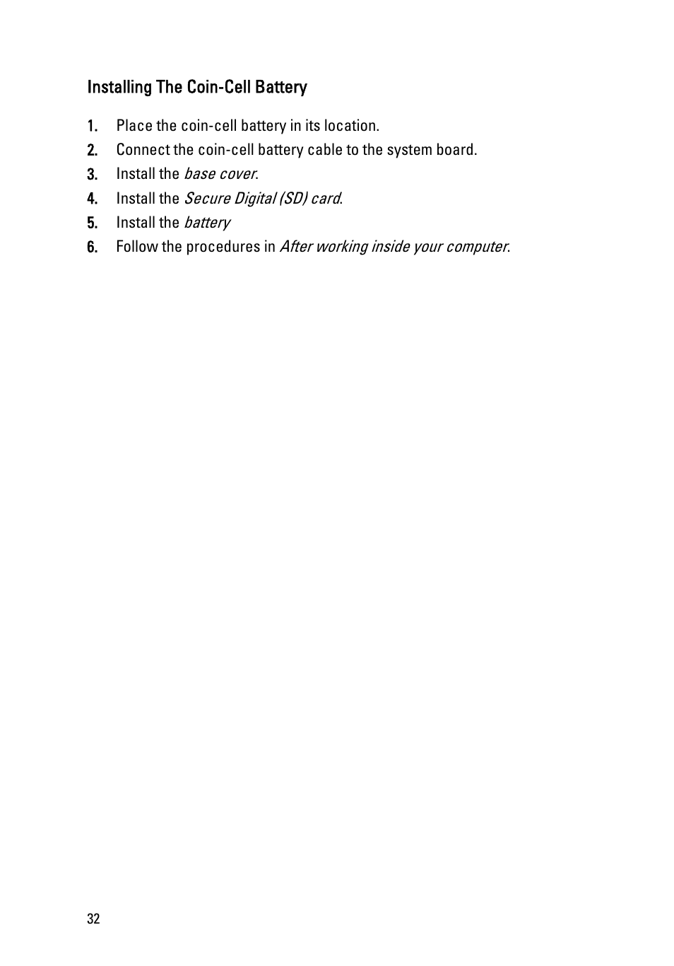 Installing the coin-cell battery | Dell Latitude E6320 (Early 2011) User Manual | Page 32 / 117