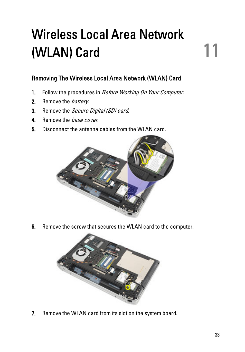 Wireless local area network (wlan) card, 11 wireless local area network (wlan) card | Dell Latitude E6320 (Early 2011) User Manual | Page 33 / 117