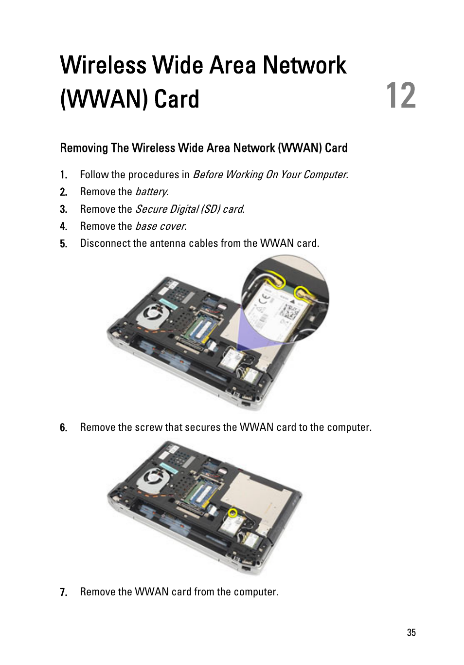 Wireless wide area network (wwan) card, 12 wireless wide area network (wwan) card | Dell Latitude E6320 (Early 2011) User Manual | Page 35 / 117