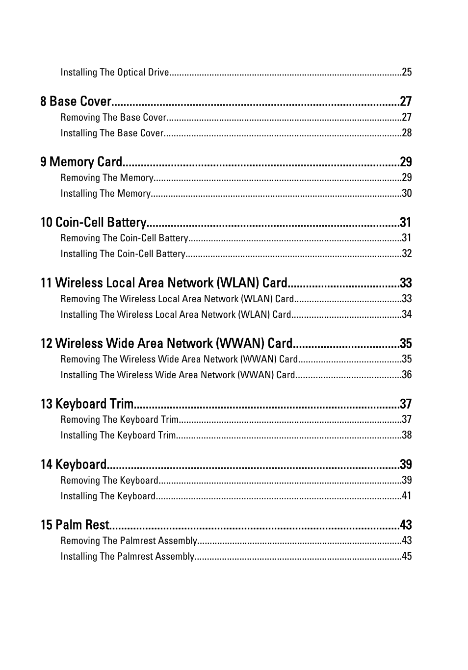 8 base cover, 10 coin-cell battery, 11 wireless local area network (wlan) card | 12 wireless wide area network (wwan) card, 13 keyboard trim, 14 keyboard, 15 palm rest | Dell Latitude E6320 (Early 2011) User Manual | Page 4 / 117